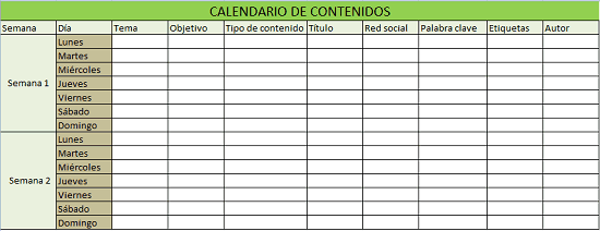 Ejemplo de plantilla para calendario de contenidos