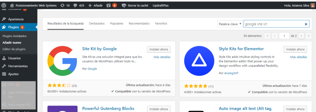instalar plugin site kit de google