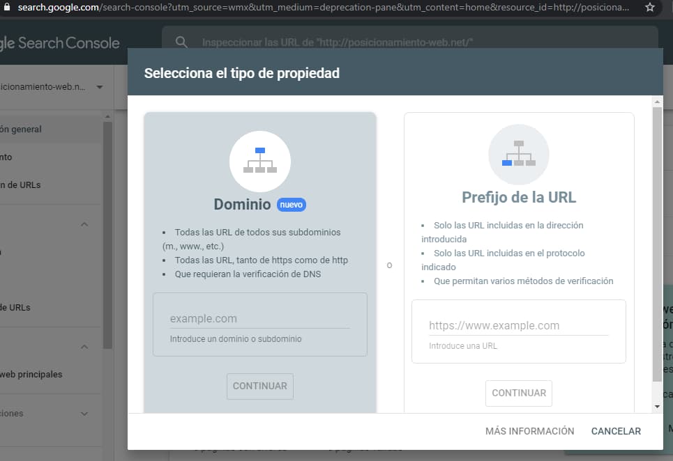 añadir propiedad en google search console