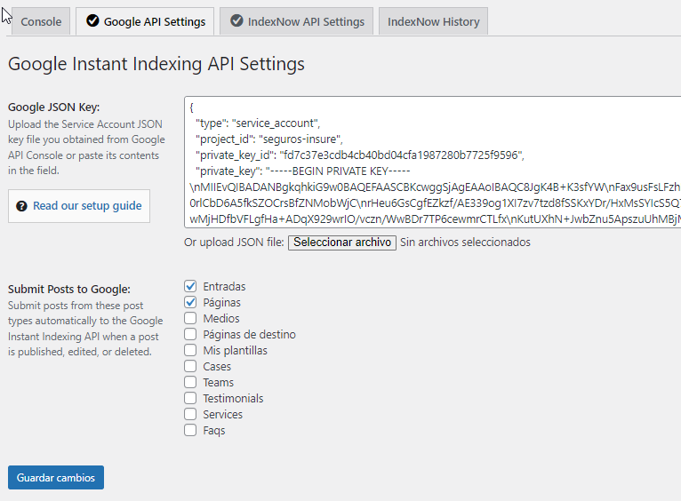 configuracion plugin google indexing api