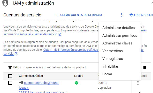 crear cuenta de servicio google api